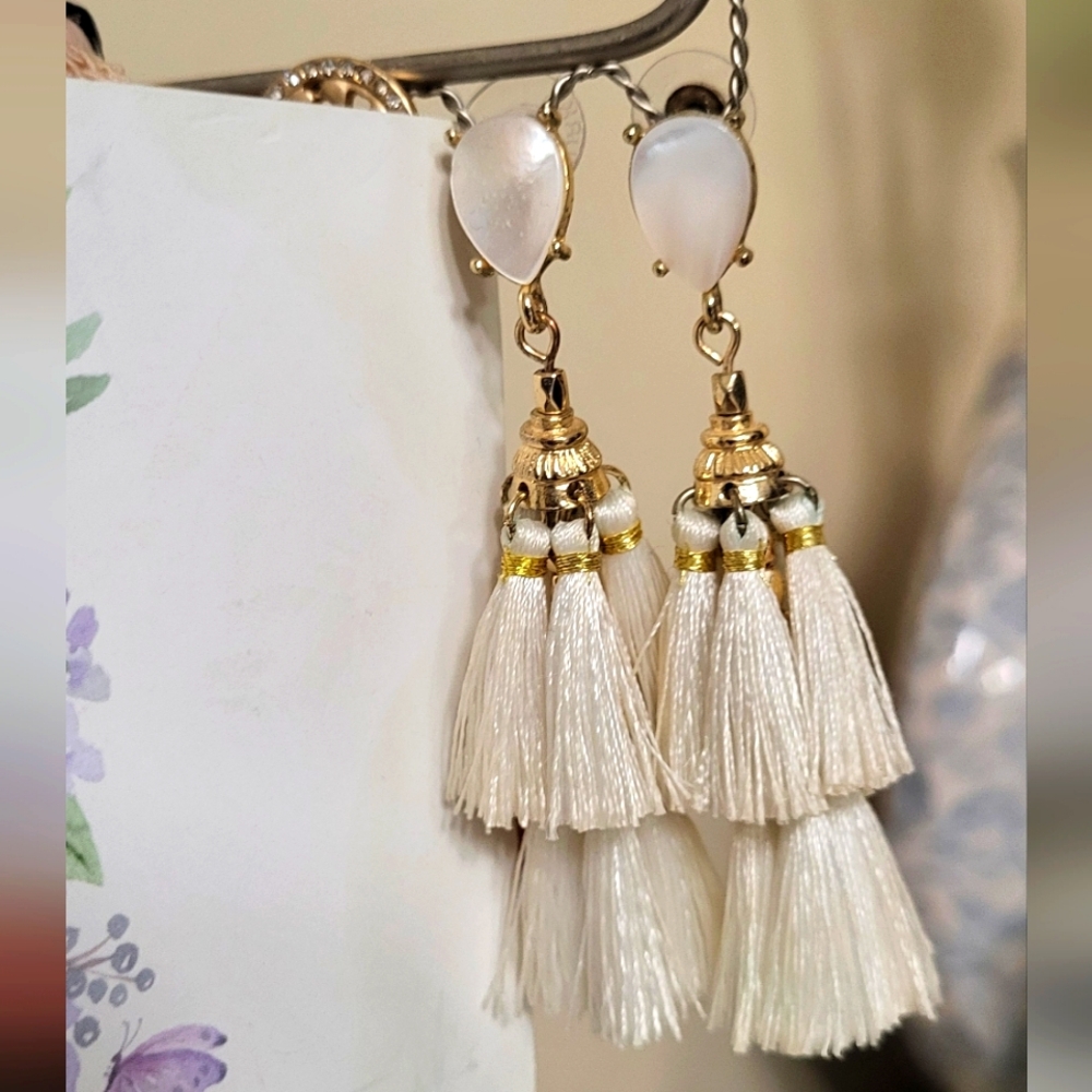 Elegant Gold and Cream Tassel Earrings
